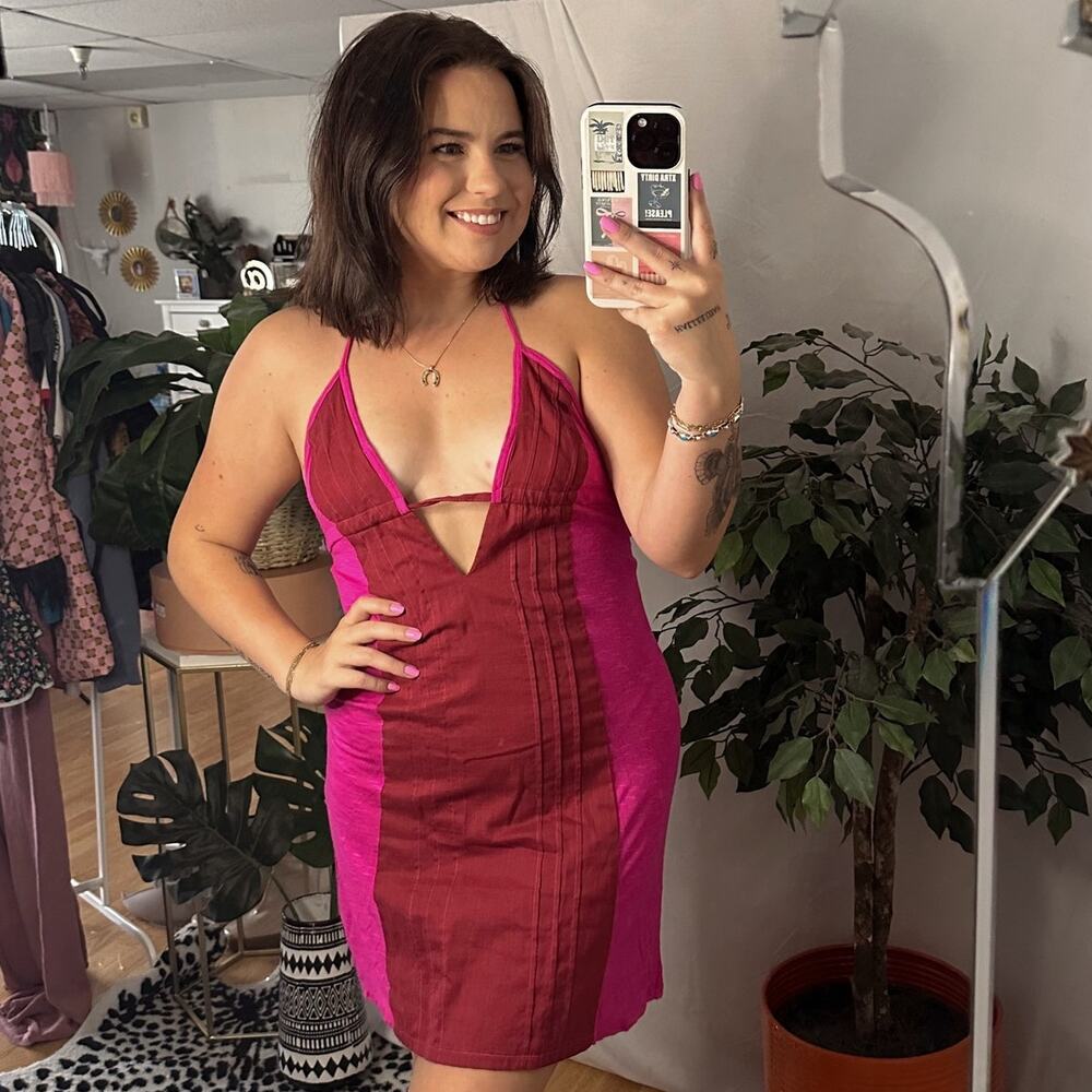 Free People Y2K  Plunge V-Neck Colorblock Halter Mini Dress Pink
